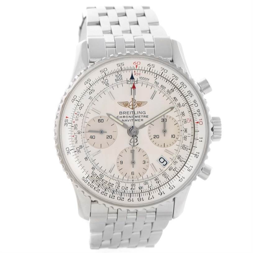 The image shows a front view of a Breitling Navitimer A23322 Men's Stainless Steel Silver Dial A23322 Men's Stainless Steel Silver Dial watch, displaying its dial, bezel, and bracelet.