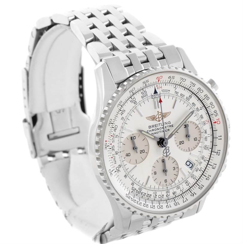 This image shows a Breitling Navitimer A23322 Men's Stainless Steel Silver Dial A23322 Men's Stainless Steel Silver Dial watch at a three-quarter angle, highlighting its dial, bezel, and metal bracelet.