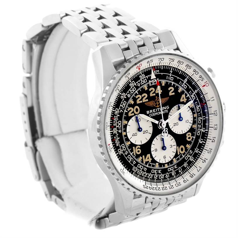 The image shows a Breitling Navitimer A12022 Men
s Stainless Steel Black Dial A12022 Men
s Stainless Steel Black Dial watch, angled from the front-left, displaying the dial and metal bracelet.