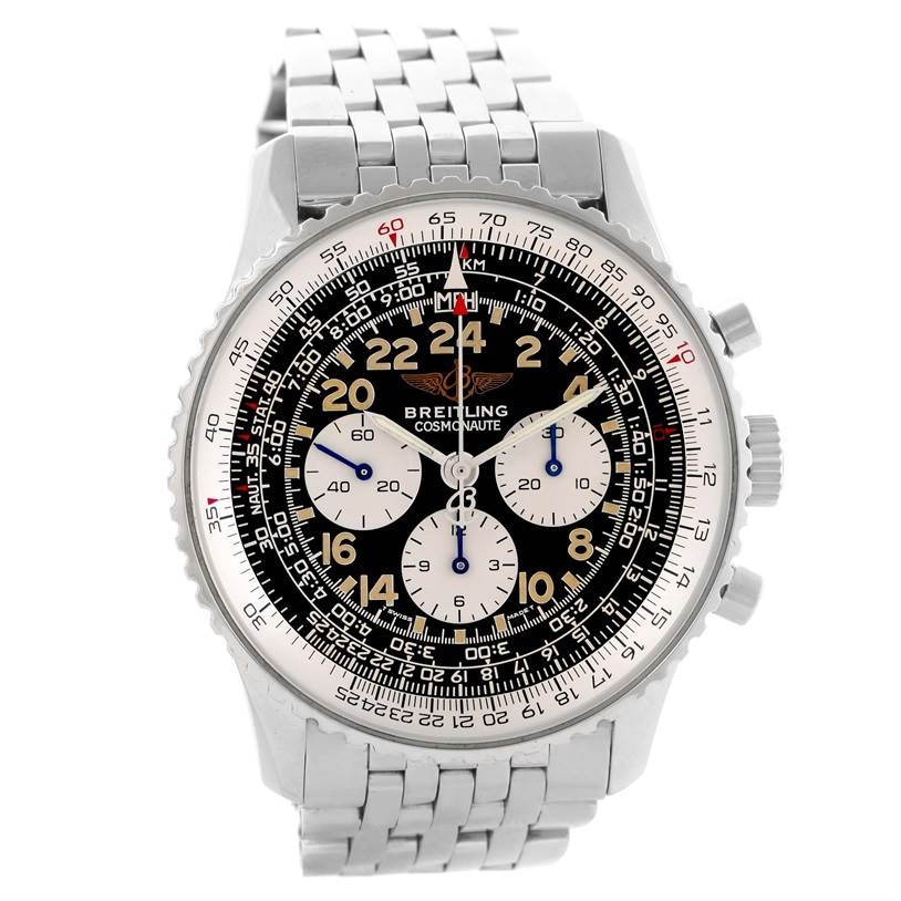 The image shows a Breitling Navitimer A12022 Men
s Stainless Steel Black Dial A12022 Men
s Stainless Steel Black Dial model watch from a front angle, highlighting the dial, bezel, and stainless steel bracelet.