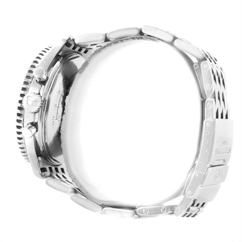 The image shows a side view of a Breitling Navitimer A12022 Men
s Stainless Steel Black Dial A12022 Men
s Stainless Steel Black Dial watch, highlighting the bracelet and crown.