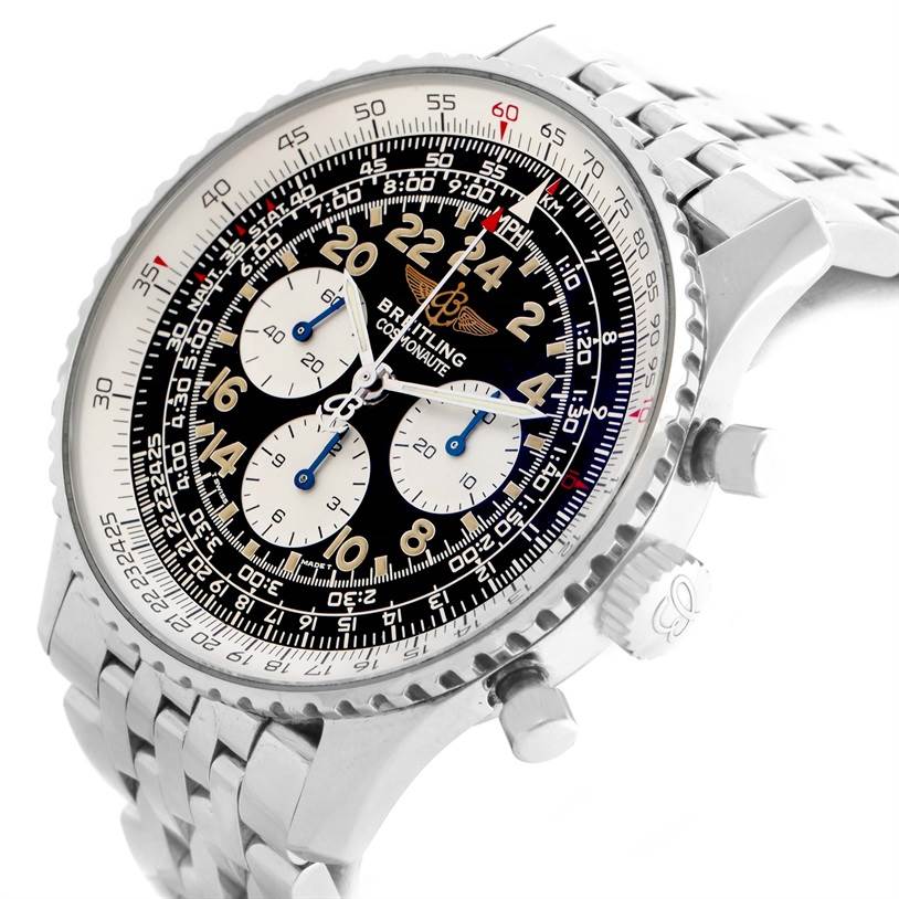 The image shows a close-up front angle of a Breitling Navitimer A12022 Men
s Stainless Steel Black Dial A12022 Men
s Stainless Steel Black Dial watch, highlighting its face, bezel, crown, and pushers.