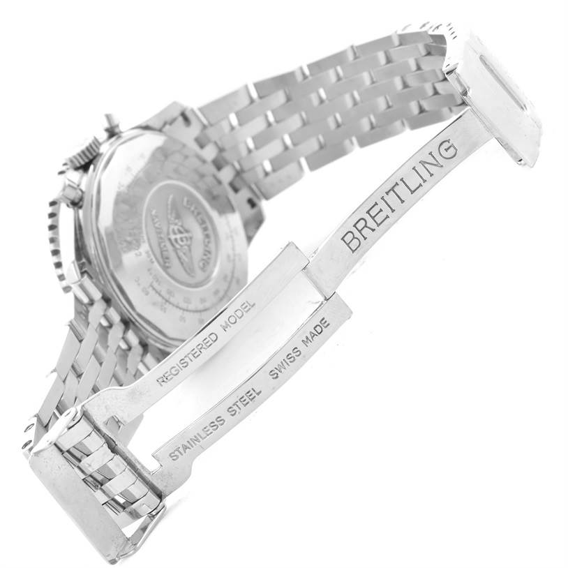 The image shows the back and clasp of the Breitling Navitimer A12022 Men
s Stainless Steel Black Dial A12022 Men
s Stainless Steel Black Dial watch, featuring "BREITLING" engraved on the clasp.