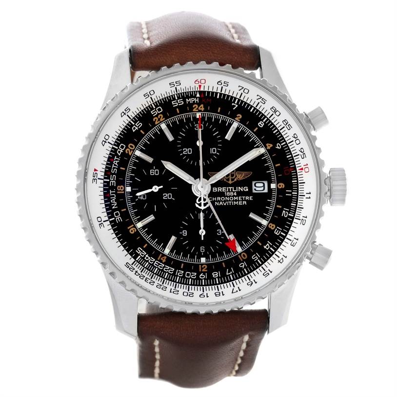 The Breitling Navitimer A24322 Men's Stainless Steel Black Dial A24322 Men's Stainless Steel Black Dial watch is shown from a front angle, highlighting its dial, bezel, crown, and leather strap.