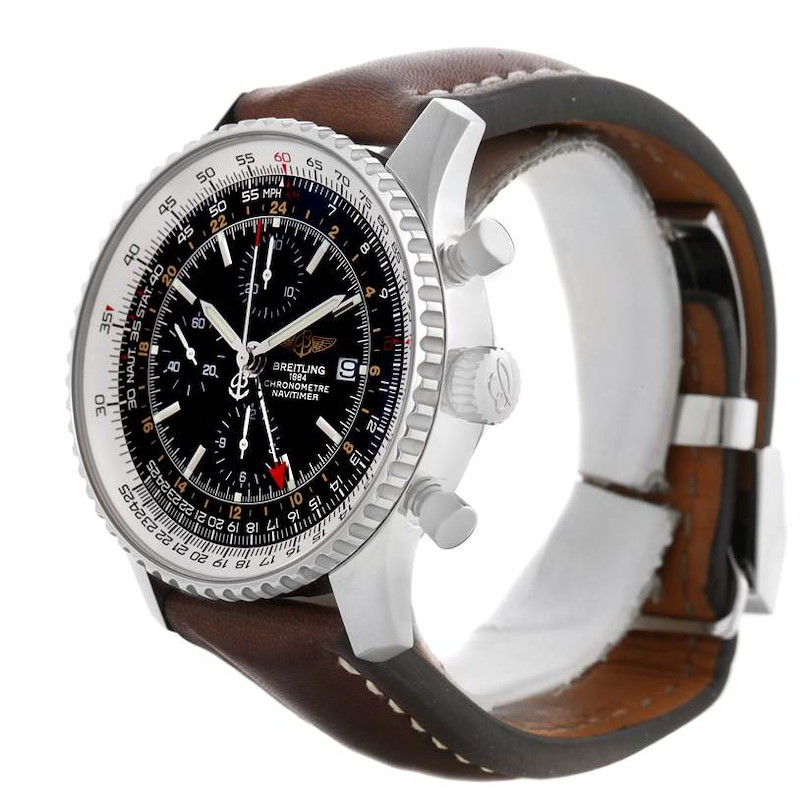 Breitling Navitimer World Chrono GMT Steel Brown Strap Watch A24322 SwissWatchExpo