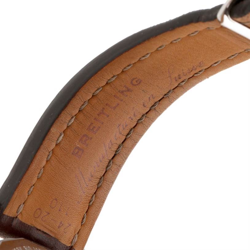 This image shows the inner side of a leather strap of a Breitling Navitimer A24322 Men's Stainless Steel Black Dial A24322 Men's Stainless Steel Black Dial watch, displaying the brand's engraving.