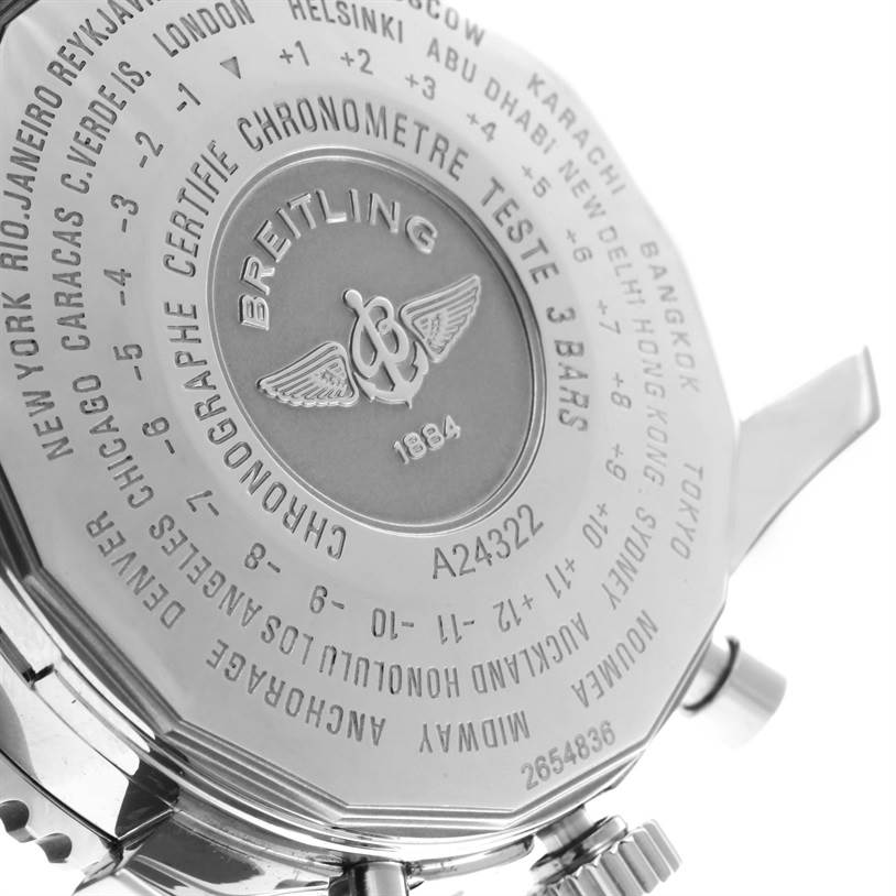 The image shows the back case of a Breitling Navitimer A24322 Men
s Stainless Steel Black Dial A24322 Men
s Stainless Steel Black Dial watch, displaying the brand logo, model, and various time zones.