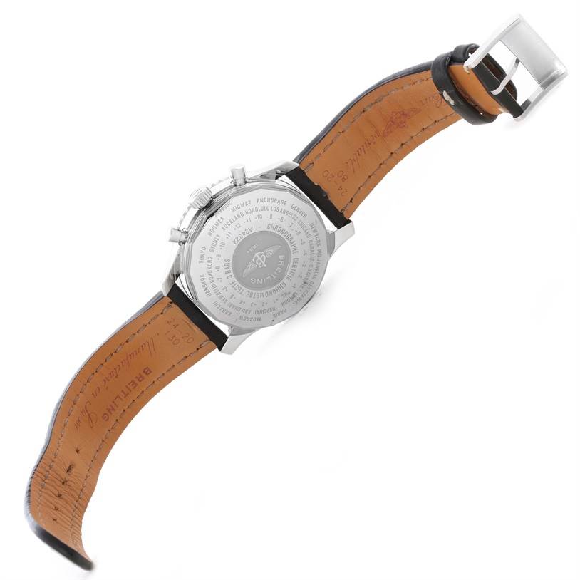 This image displays the back case and strap of a Breitling Navitimer A24322 Men
s Stainless Steel Black Dial A24322 Men
s Stainless Steel Black Dial watch from an angled top-down view.