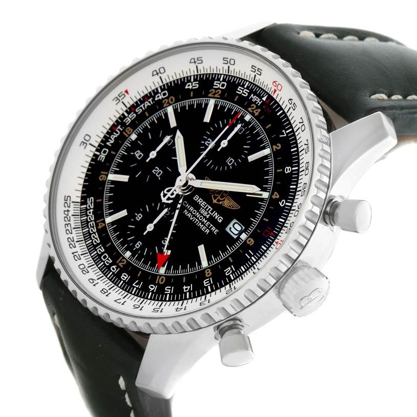 The Breitling Navitimer A24322 Men
s Stainless Steel Black Dial A24322 Men
s Stainless Steel Black Dial watch is shown at a side angle, highlighting the face, bezel, pushers, crown, and part of the leather strap.