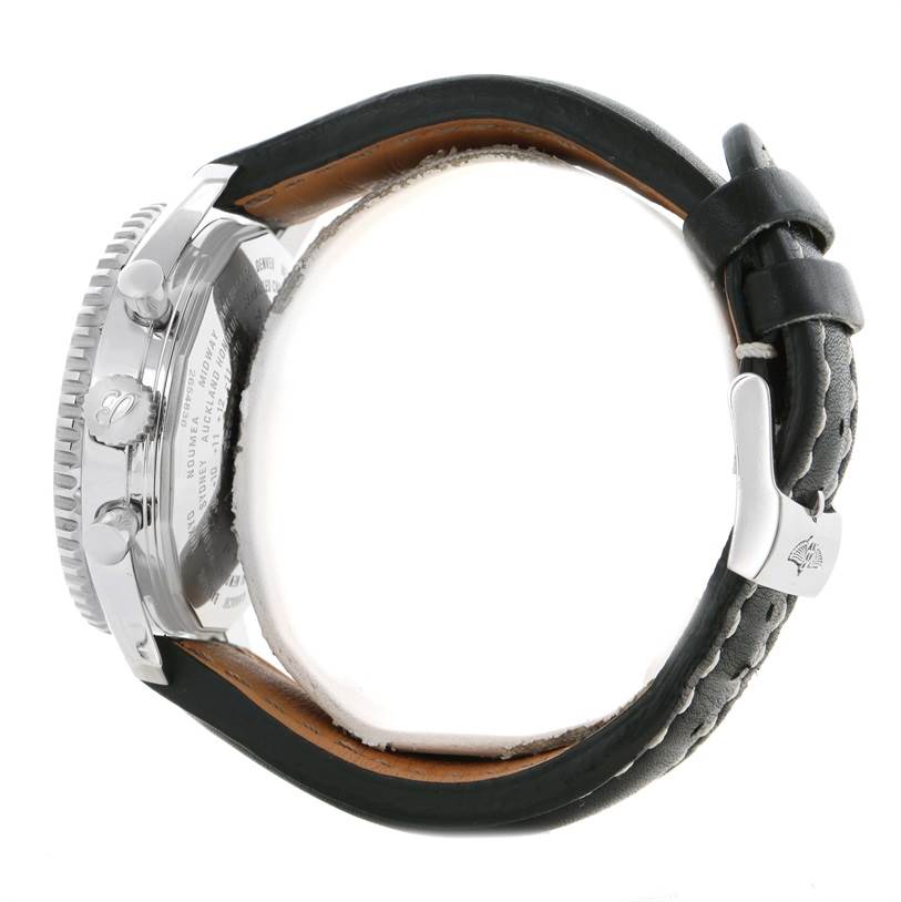 This image shows a side angle of a Breitling Navitimer A24322 Men
s Stainless Steel Black Dial A24322 Men
s Stainless Steel Black Dial watch, highlighting the crown, buttons, and leather strap with buckle.