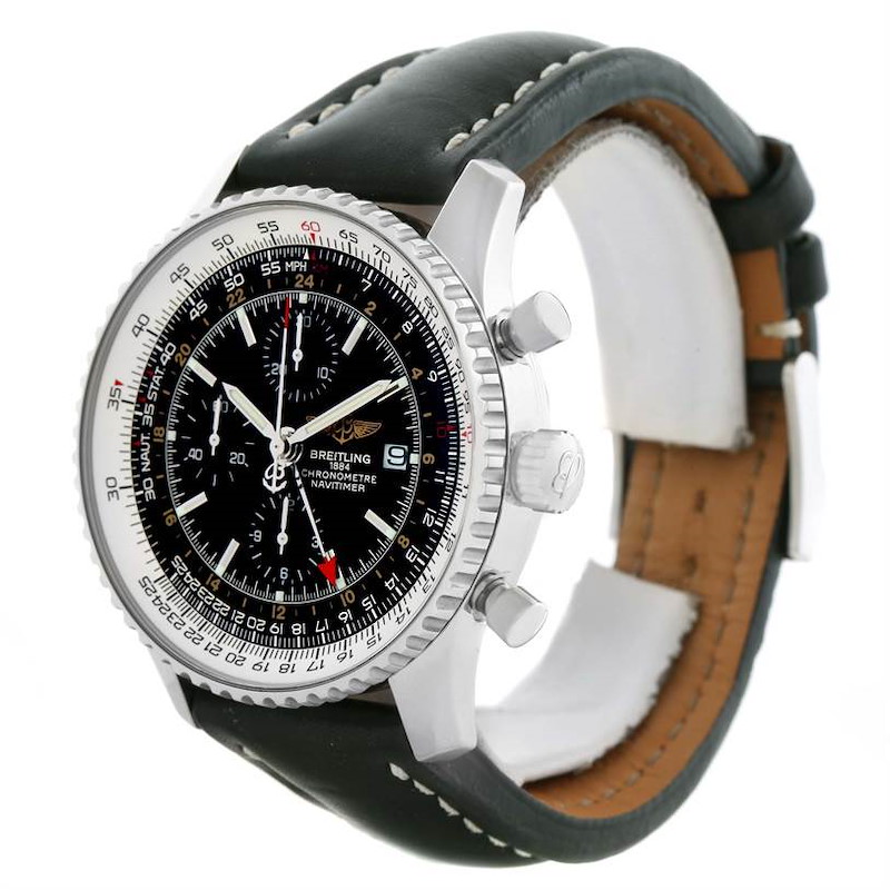 Breitling Navitimer World Chrono GMT Steel Black Strap Watch A24322 SwissWatchExpo