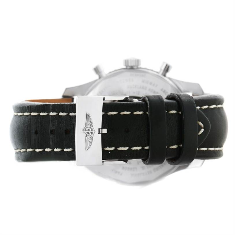 The photo shows the clasp and part of the leather strap of a Breitling Navitimer A24322 Men
s Stainless Steel Black Dial A24322 Men
s Stainless Steel Black Dial watch from the rear angle.