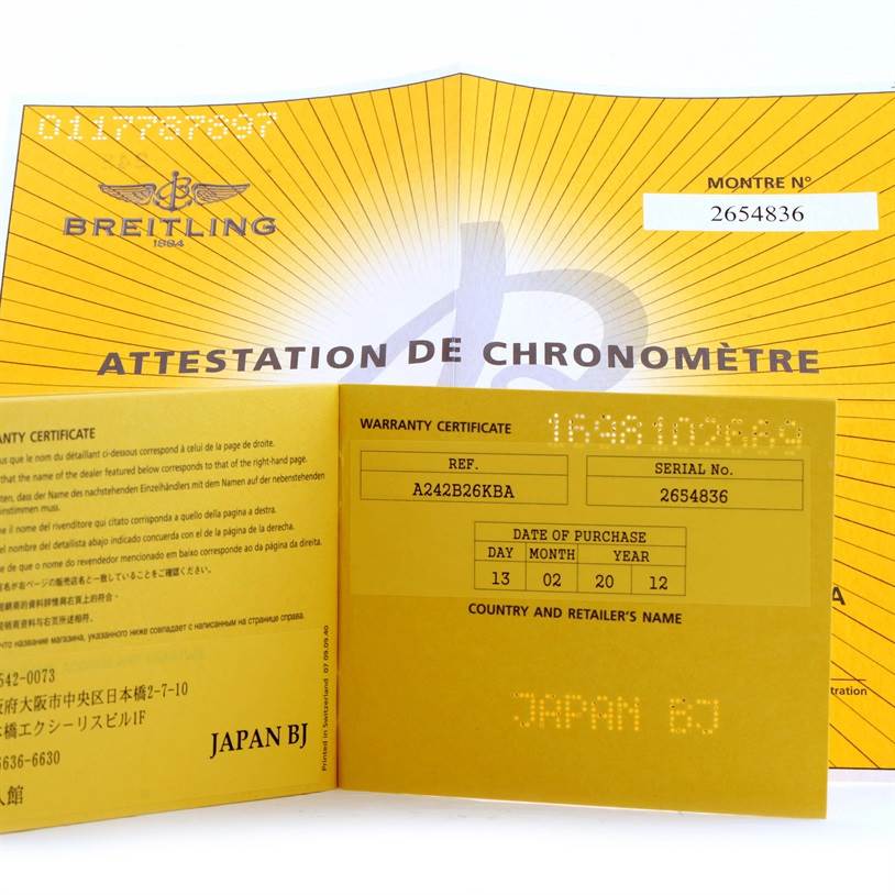 The image shows the open warranty certificate for a Breitling Navitimer A24322 Men
s Stainless Steel Black Dial A24322 Men
s Stainless Steel Black Dial watch, including the reference and serial numbers.