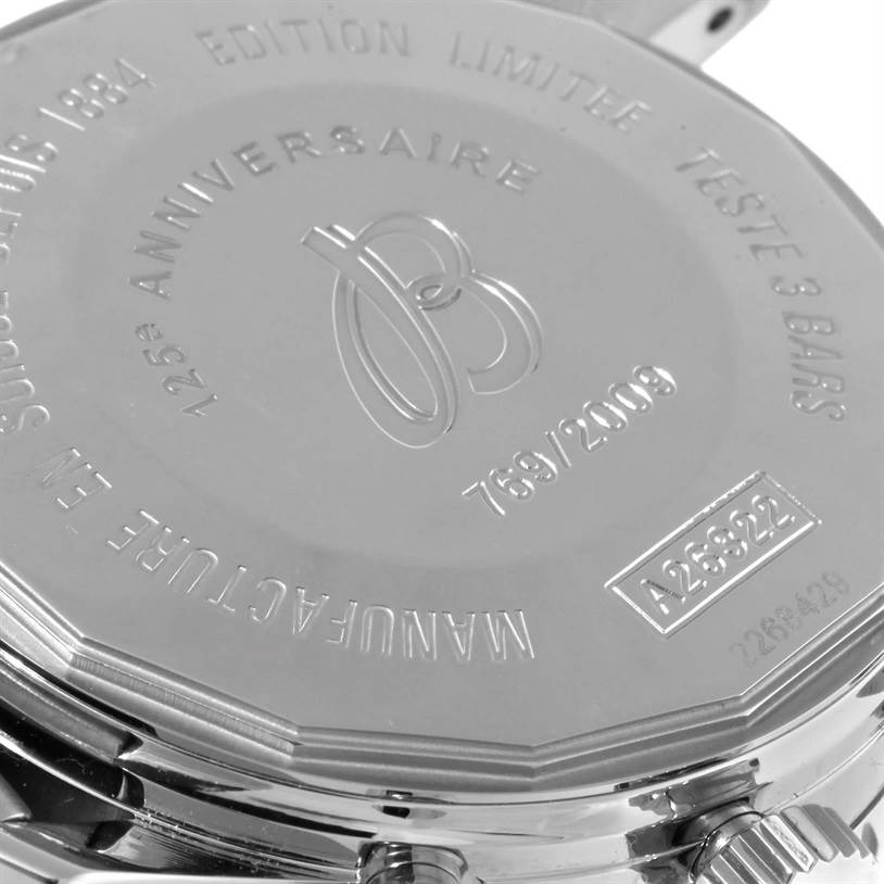 This image shows the back case of a Breitling Navitimer A26322 Men's Stainless Steel Brown Dial A26322 Men's Stainless Steel Brown Dial watch, highlighting its engravings and limited edition details.