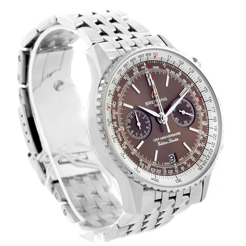 The Breitling Navitimer A26322 Men's Stainless Steel Brown Dial A26322 Men's Stainless Steel Brown Dial watch is shown at a three-quarter angle, highlighting the dial, bracelet, and bezel.