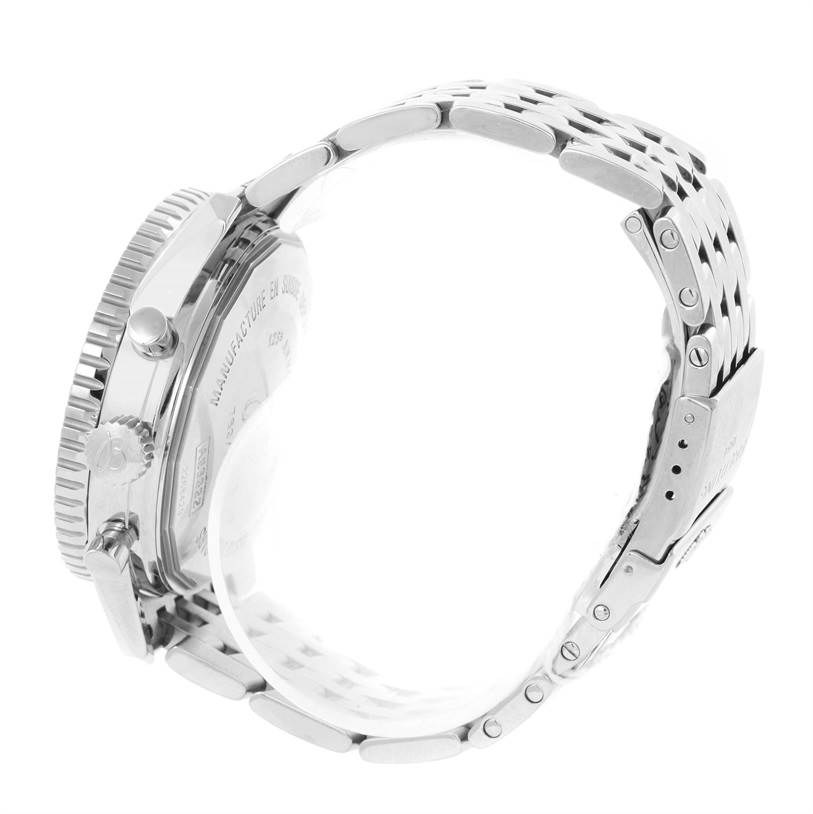 The image shows a side view of the Breitling Navitimer A26322 Men's Stainless Steel Brown Dial A26322 Men's Stainless Steel Brown Dial watch, highlighting the case, crown, pushers, and metal bracelet.