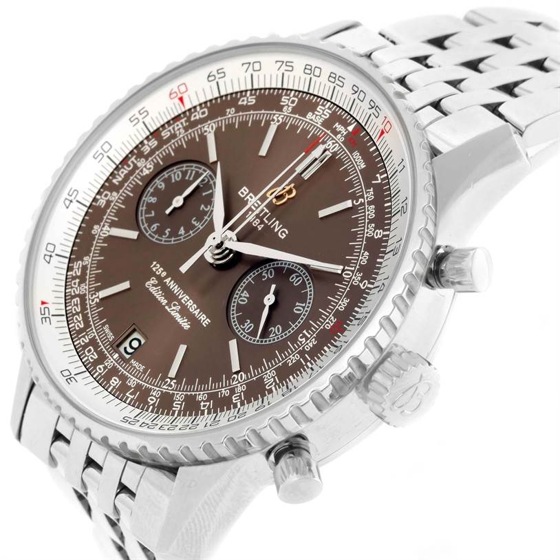 The image shows a side view of a Breitling Navitimer A26322 Men's Stainless Steel Brown Dial A26322 Men's Stainless Steel Brown Dial watch highlighting its face, bezel, chronograph dials, and metal bracelet.