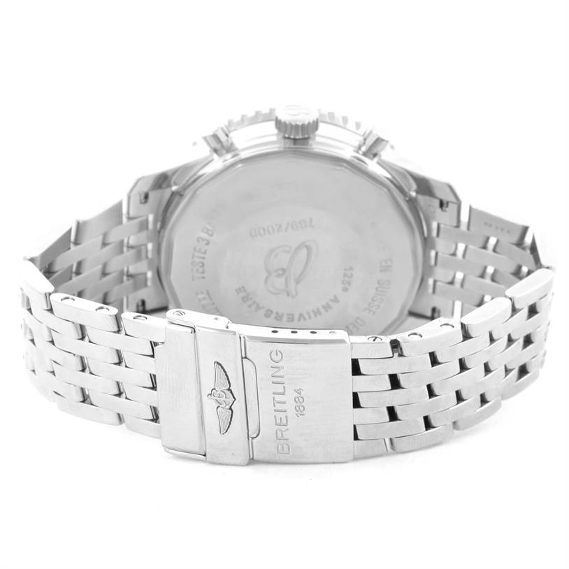 The image shows the back view of the Breitling Navitimer A26322 Men's Stainless Steel Brown Dial A26322 Men's Stainless Steel Brown Dial watch, highlighting the case back and metal bracelet with the clasp.