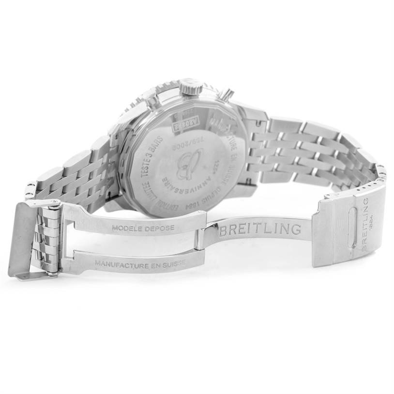 The image shows the back and partially open bracelet of the Breitling Navitimer A26322 Men's Stainless Steel Brown Dial A26322 Men's Stainless Steel Brown Dial watch, highlighting the engravings and clasp.