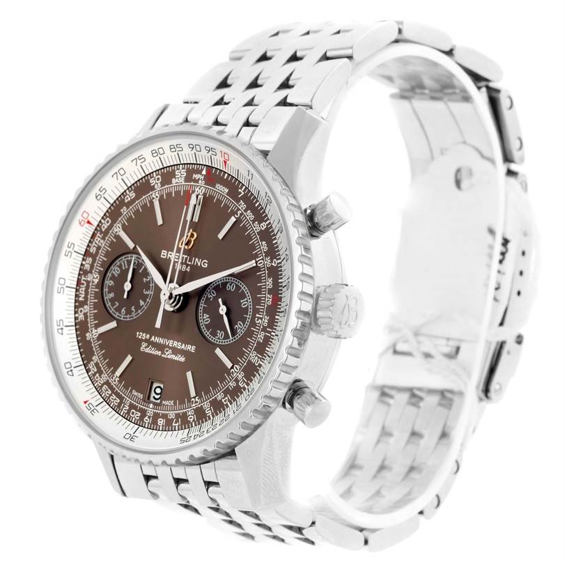 This image shows a Breitling Navitimer A26322 Men's Stainless Steel Brown Dial A26322 Men's Stainless Steel Brown Dial watch from a 3/4 angle, highlighting its dial, bezel, crown, chronograph pushers, and metal bracelet.