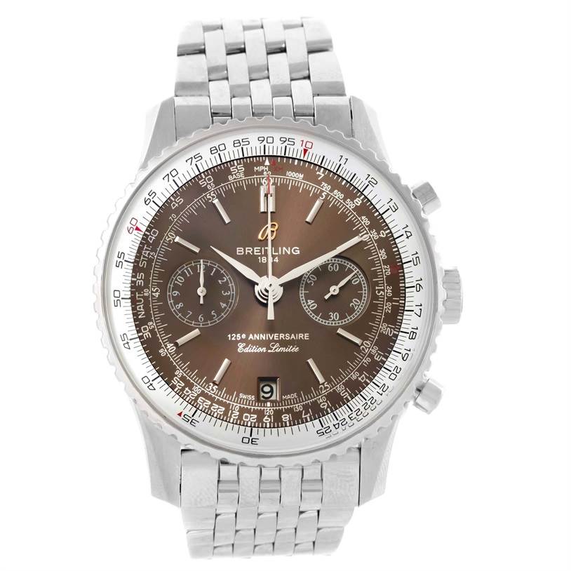 The image shows a front view of the Breitling Navitimer A26322 Men's Stainless Steel Brown Dial A26322 Men's Stainless Steel Brown Dial watch, highlighting its dial, bezel, and metal bracelet.