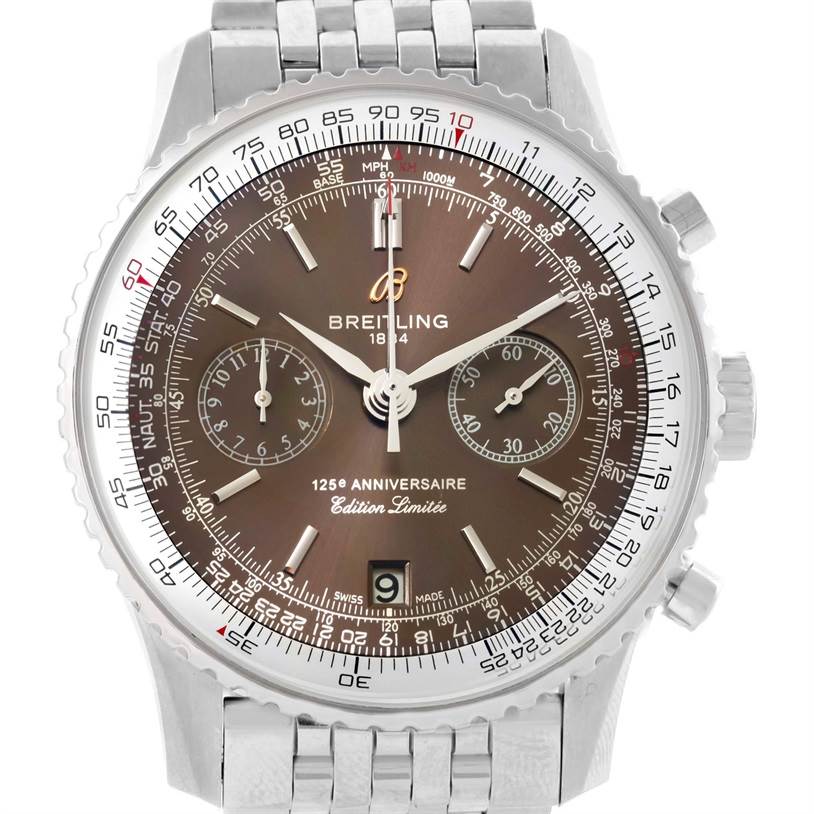 This Breitling Navitimer A26322 Men's Stainless Steel Brown Dial A26322 Men's Stainless Steel Brown Dial model is shown at a front angle displaying the dial, bezel, case, and bracelet.