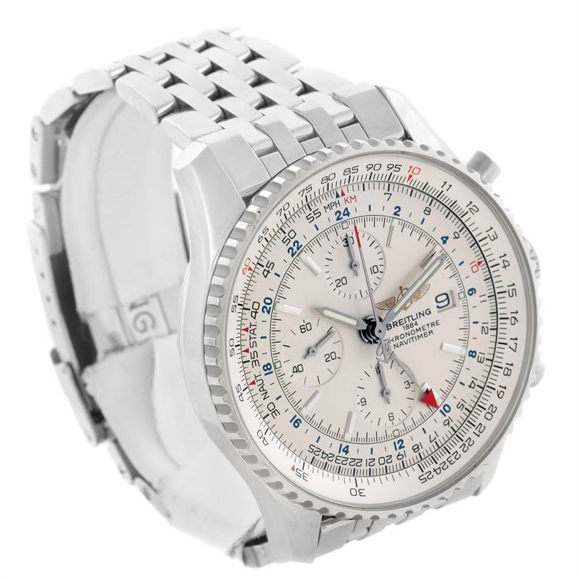 The Breitling Navitimer A24322 Men's Stainless Steel Silver Dial A24322 Men's Stainless Steel Silver Dial watch is shown at an angle displaying the face, bezel, case, and part of the bracelet.