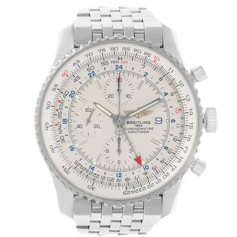 This is a front view of the Breitling Navitimer A24322 Men's Stainless Steel Silver Dial A24322 Men's Stainless Steel Silver Dial watch, showcasing its intricate dial and stainless steel bracelet.