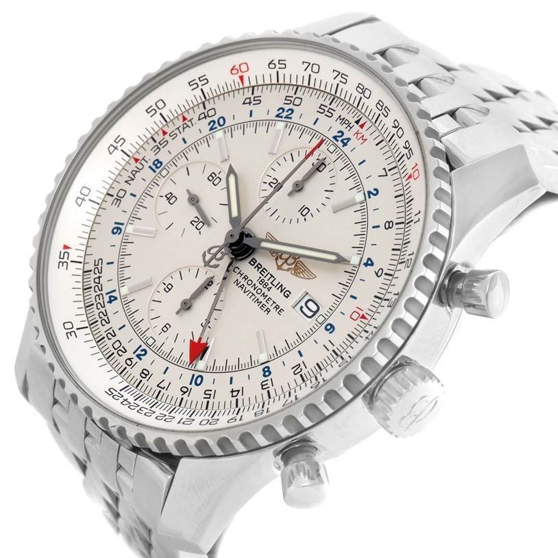 The image shows a close-up angle of the Breitling Navitimer A24322 Men's Stainless Steel Silver Dial A24322 Men's Stainless Steel Silver Dial watch, highlighting the dial, bezel, crown, and part of the bracelet.