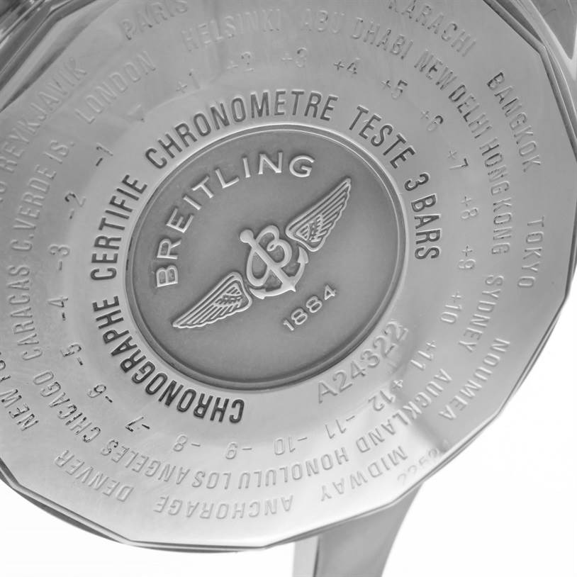 The image shows the back of a Breitling Navitimer A24322 Men's Stainless Steel Silver Dial A24322 Men's Stainless Steel Silver Dial watch, highlighting its engravings and information.