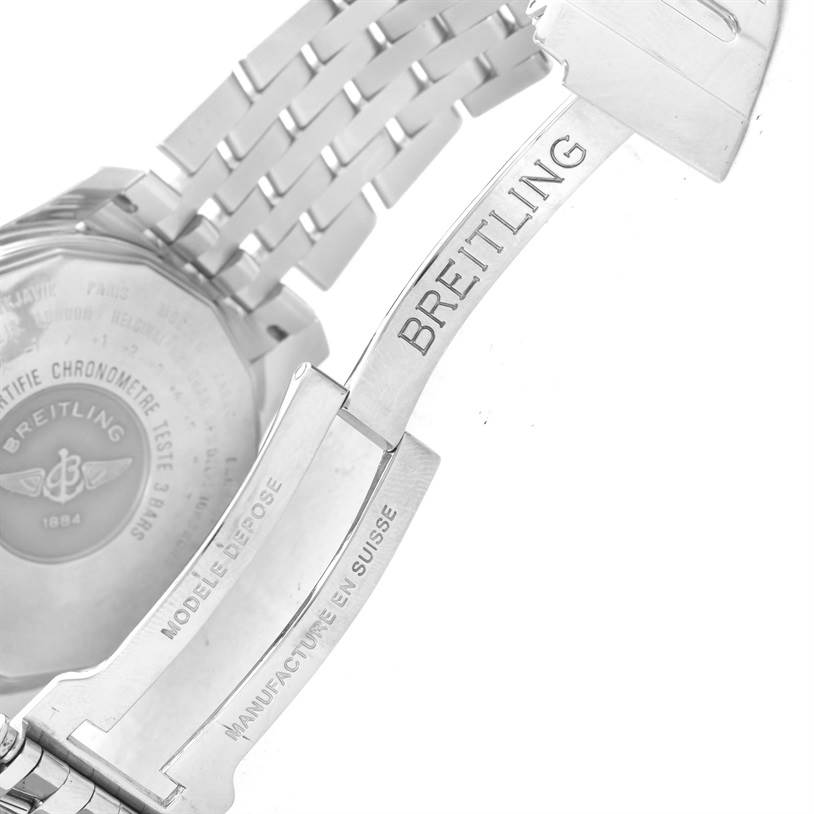 The image shows the back case and part of the clasp of a Breitling Navitimer A24322 Men's Stainless Steel Silver Dial A24322 Men's Stainless Steel Silver Dial watch from an angled view.