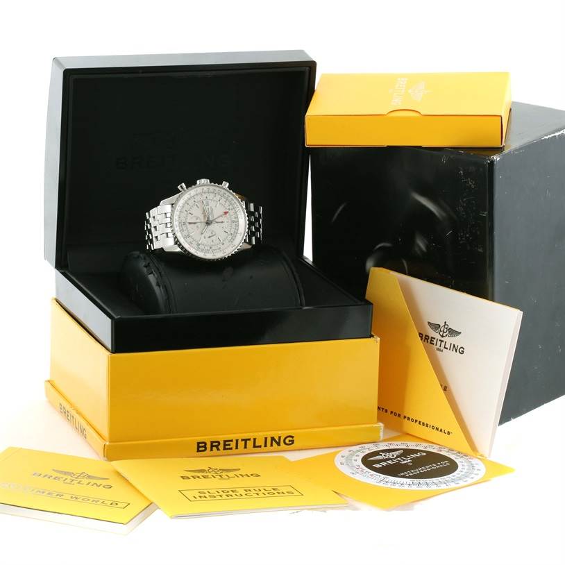 The Breitling Navitimer A24322 Men's Stainless Steel Silver Dial A24322 Men's Stainless Steel Silver Dial watch is shown in its box with accompanying manuals and packaging, angled slightly from the front.