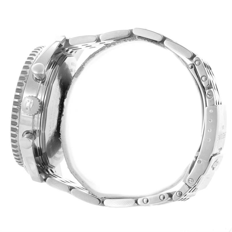 The image shows a side view of the Breitling Navitimer A24322 Men's Stainless Steel Silver Dial A24322 Men's Stainless Steel Silver Dial watch, focusing on the case, crown, pushers, and part of the bracelet.