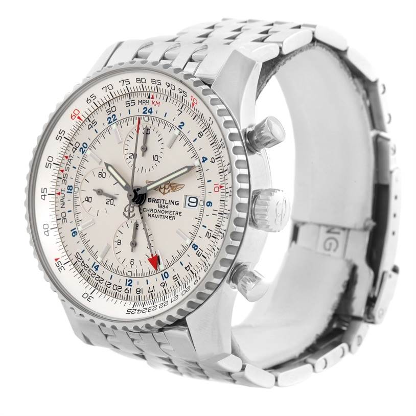 The image shows a Breitling Navitimer A24322 Men's Stainless Steel Silver Dial A24322 Men's Stainless Steel Silver Dial watch at a slight angle, highlighting its face, bezel, chronograph buttons, and stainless steel bracelet.