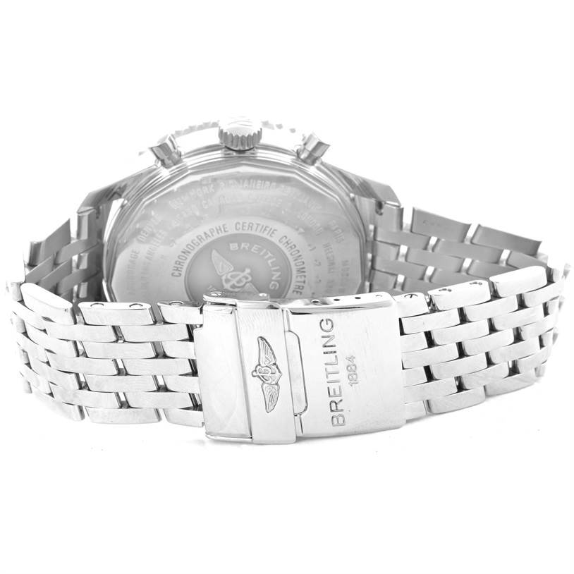 The image shows the back of a Breitling Navitimer A24322 Men's Stainless Steel Silver Dial A24322 Men's Stainless Steel Silver Dial watch, focusing on the clasp and bracelet.