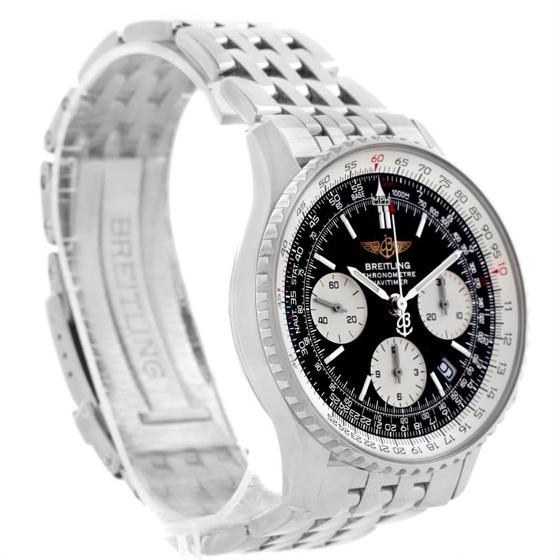 The image shows a side angle of a Breitling Navitimer A23322 Men's Stainless Steel Black Dial A23322 Men's Stainless Steel Black Dial watch displaying its face, bezel, and part of the bracelet.