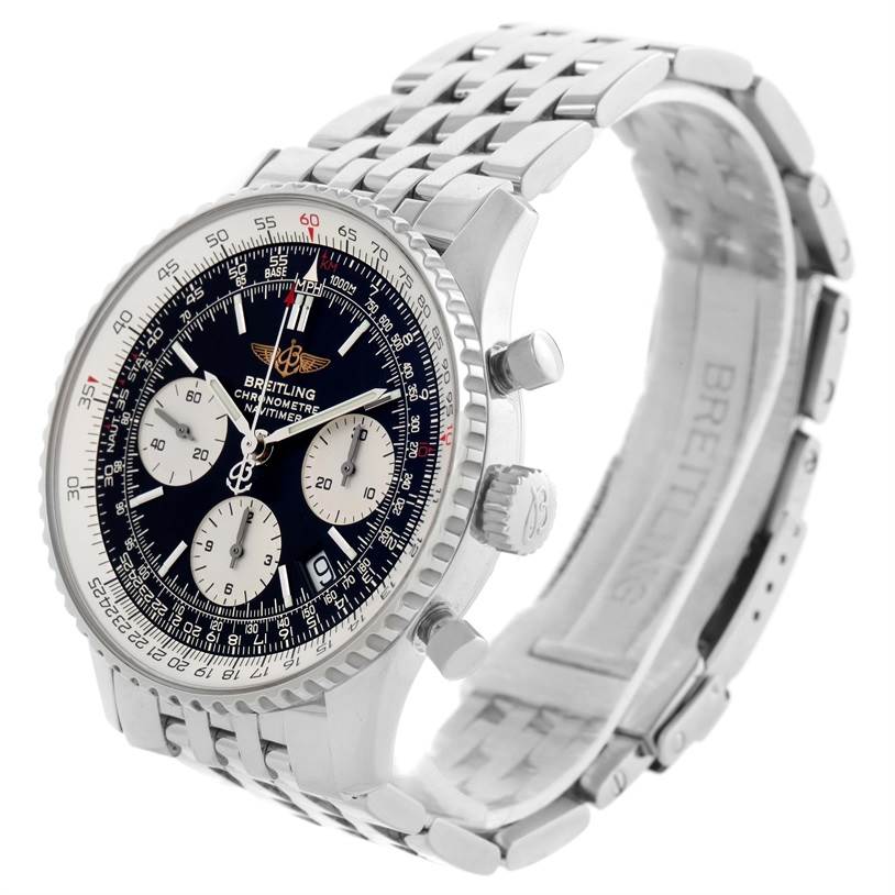 This image shows a Breitling Navitimer A23322 Men's Stainless Steel Black Dial A23322 Men's Stainless Steel Black Dial watch at a three-quarter angle highlighting the dial, bezel, crown, pushers, and bracelet.