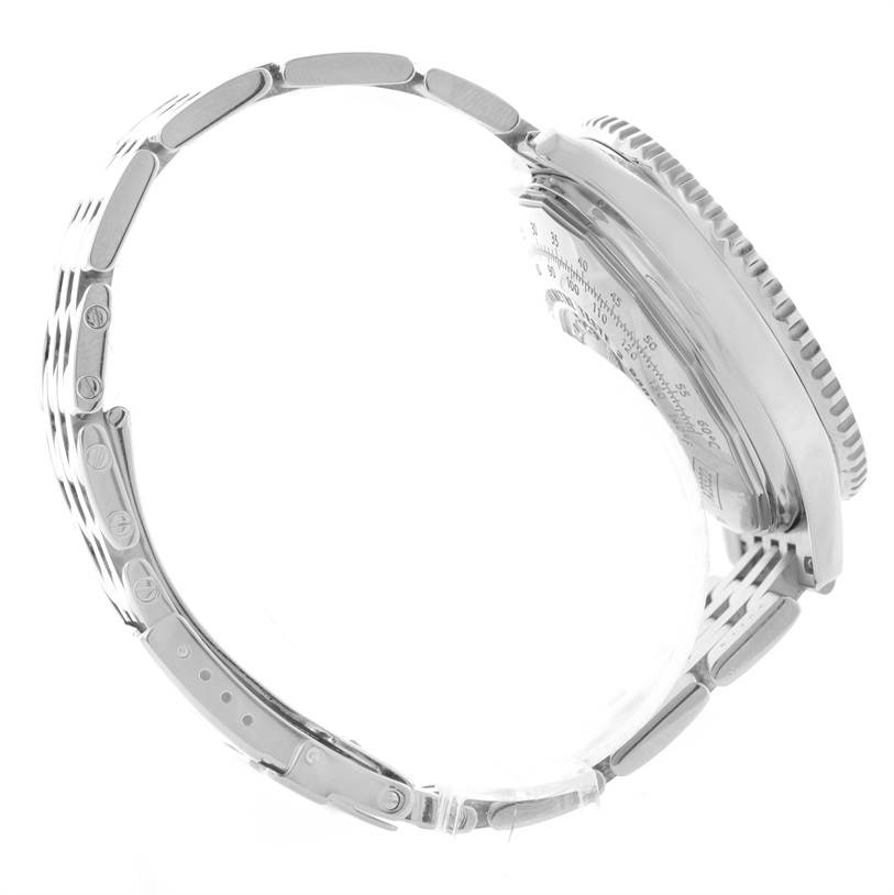 The image shows a side view of a Breitling Navitimer A23322 Men's Stainless Steel Black Dial A23322 Men's Stainless Steel Black Dial watch, highlighting its case and metal bracelet.