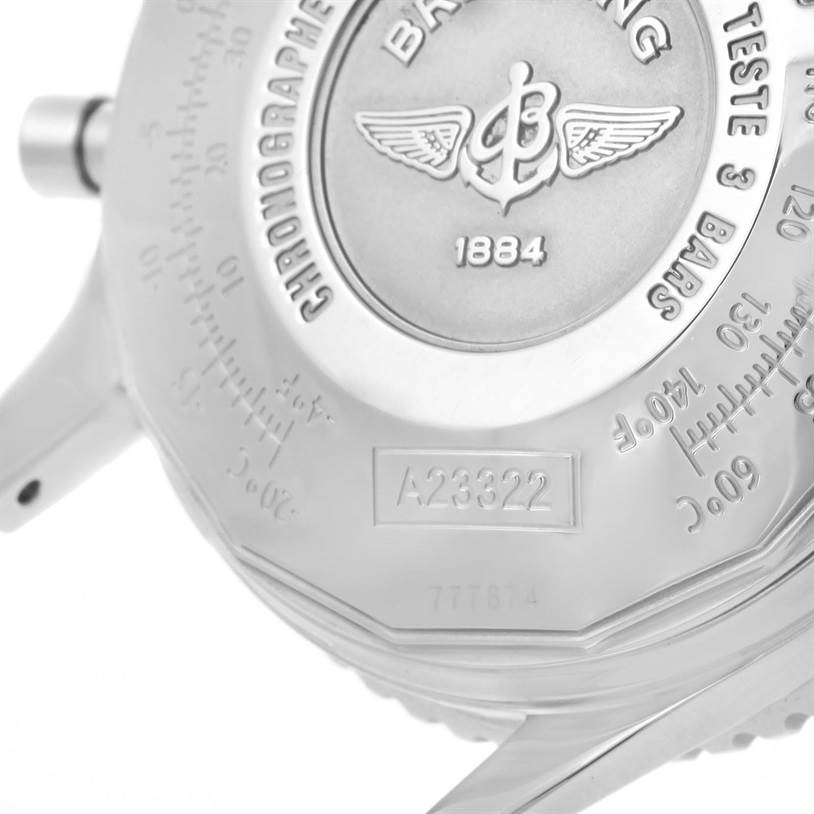 The image shows the case back of a Breitling Navitimer A23322 Men's Stainless Steel Black Dial A23322 Men's Stainless Steel Black Dial watch, highlighting the model number and brand logo.