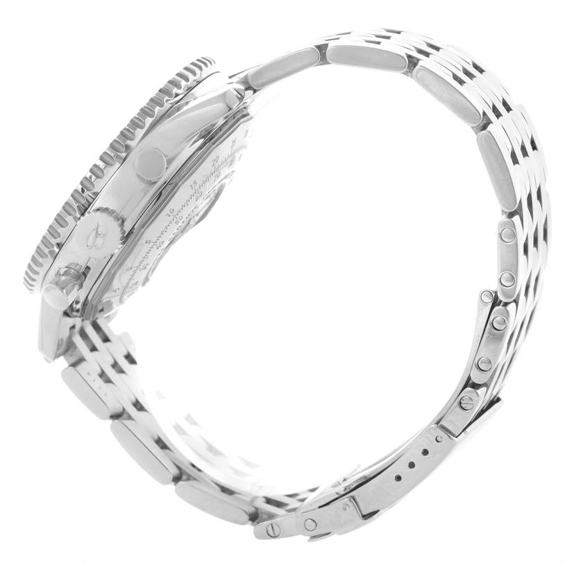 The image shows a side view of the Breitling Navitimer A23322 Men's Stainless Steel Black Dial A23322 Men's Stainless Steel Black Dial watch, featuring its case, crown, and stainless steel bracelet with clasp.