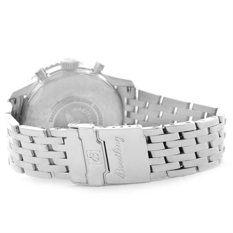 The image shows the back view of a Breitling Navitimer A23322 Men's Stainless Steel Black Dial A23322 Men's Stainless Steel Black Dial watch, focusing on its metal bracelet and clasp.