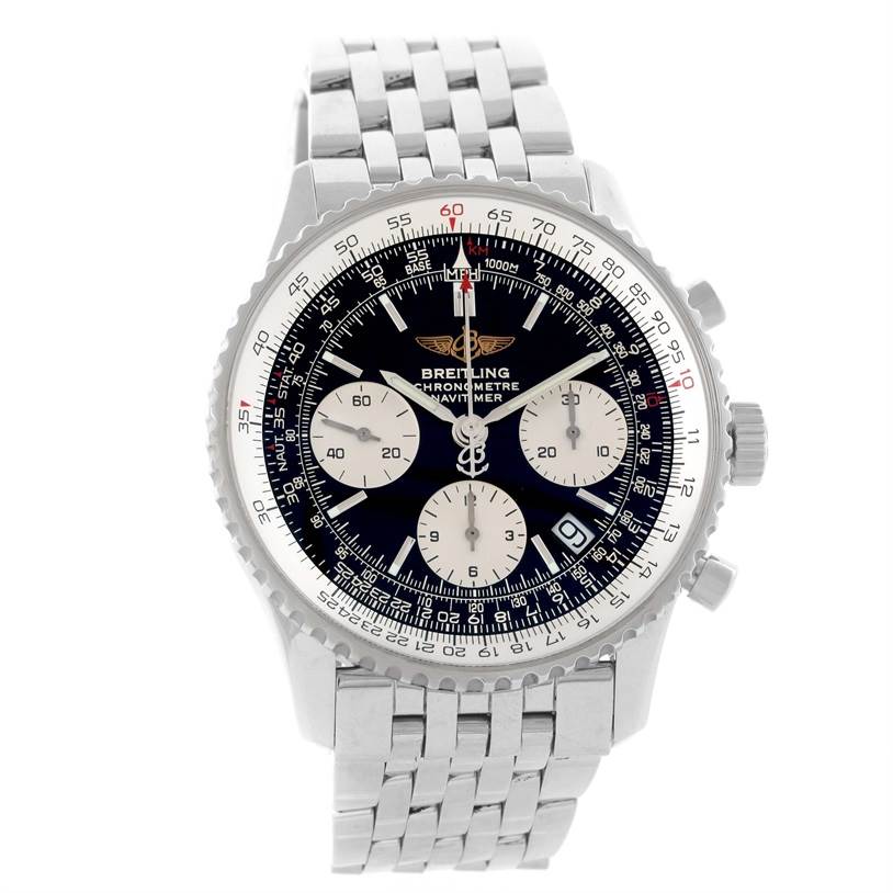 The Breitling Navitimer A23322 Men's Stainless Steel Black Dial A23322 Men's Stainless Steel Black Dial watch is shown from a front angle, displaying its face, bezel, chronograph dials, and bracelet.