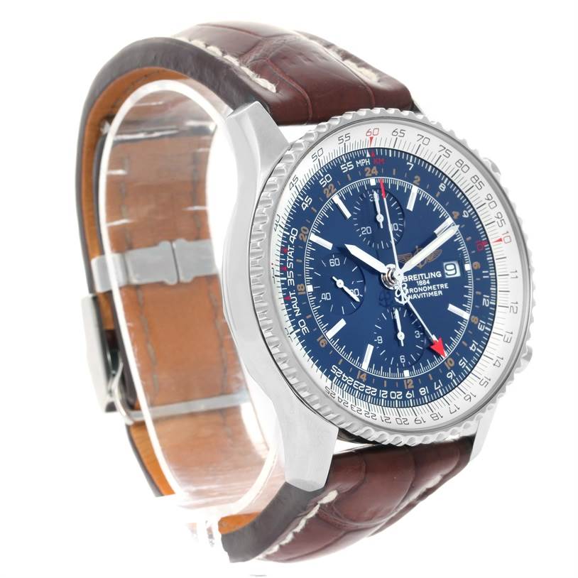 The image shows a Breitling Navitimer A24322 Men's Stainless Steel Blue Dial A24322 Men's Stainless Steel Blue Dial watch at a three-quarter angle, displaying its face, bezel, and leather strap.