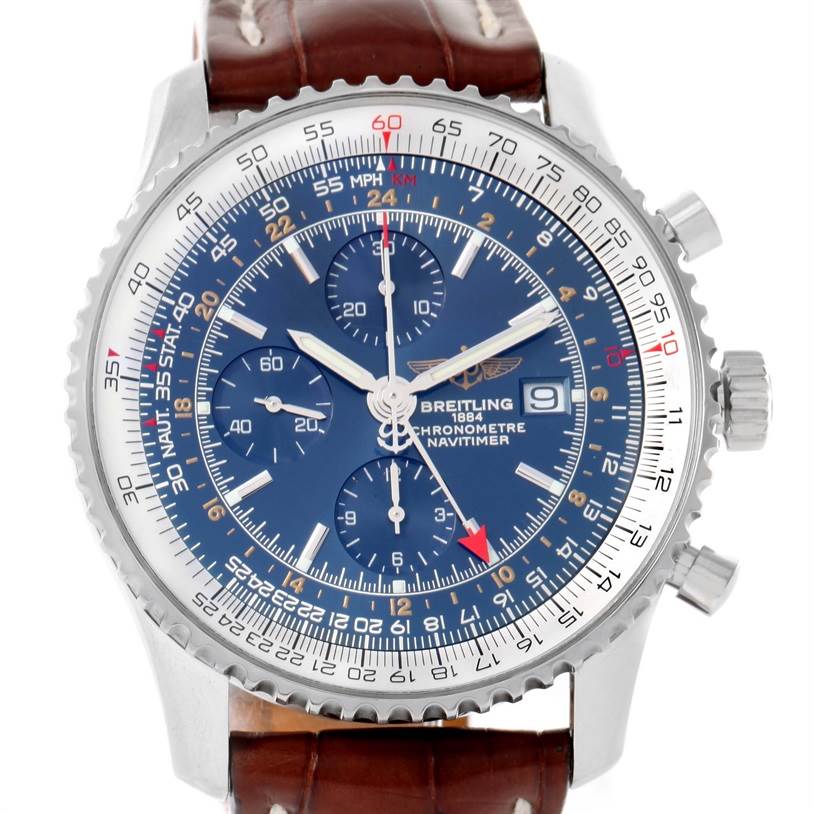 The image shows a front view of a Breitling Navitimer A24322 Men's Stainless Steel Blue Dial A24322 Men's Stainless Steel Blue Dial watch with a blue dial, brown leather strap, and multiple chronograph sub-dials.