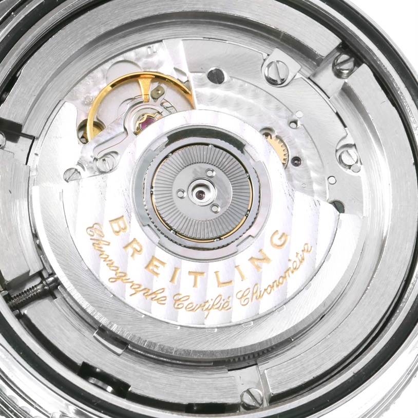 This image shows the close-up view of the movement mechanism of a Breitling Navitimer A35330 Men's Stainless Steel Black Dial A35330 Men's Stainless Steel Black Dial watch.