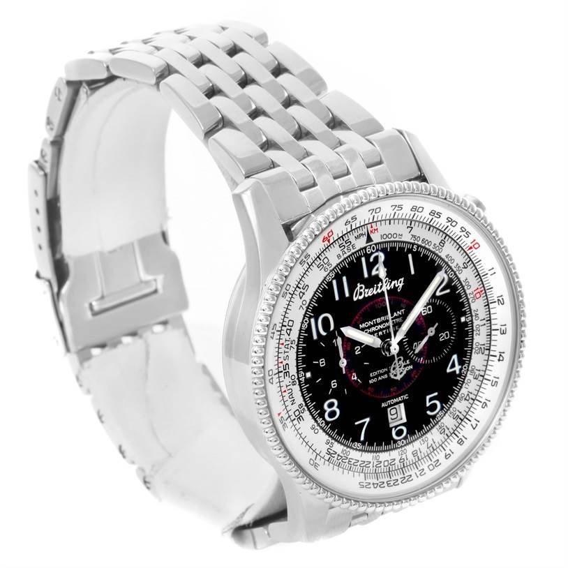 The image shows a Breitling Navitimer A35330 Men's Stainless Steel Black Dial A35330 Men's Stainless Steel Black Dial watch from an angled side view, highlighting its stainless steel bracelet and detailed dial.
