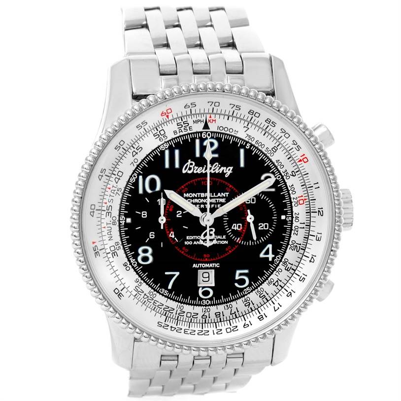 The image shows a front view of the Breitling Navitimer A35330 Men's Stainless Steel Black Dial A35330 Men's Stainless Steel Black Dial watch, displaying its face, bezel, and bracelet.
