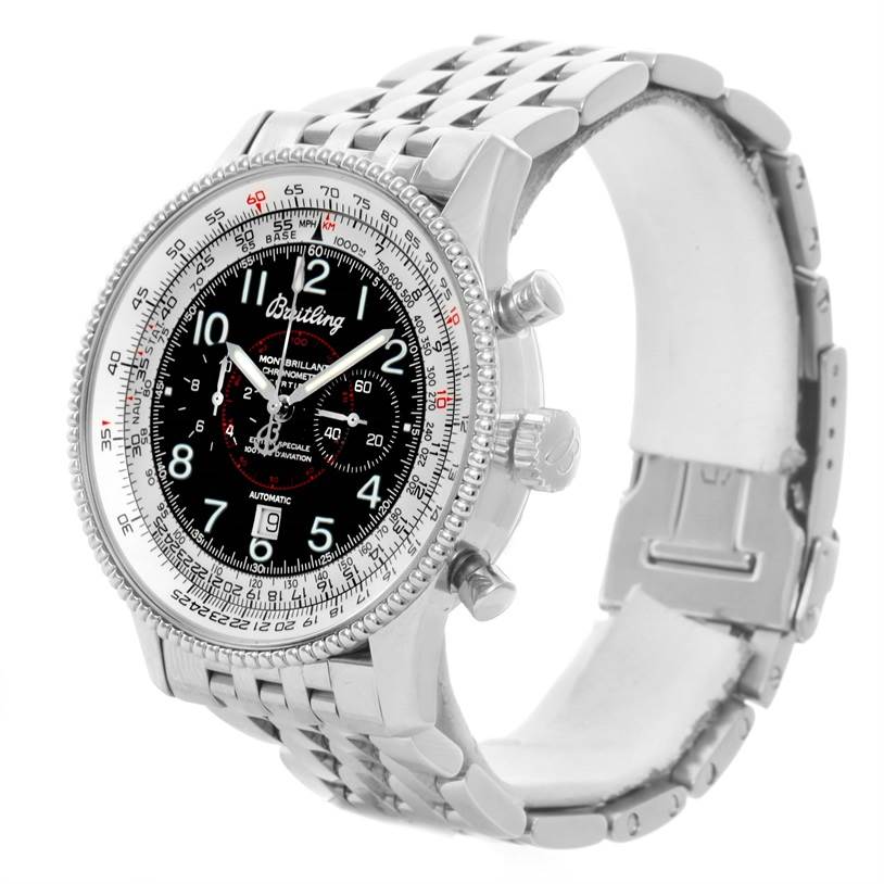 This image shows a Breitling Navitimer A35330 Men's Stainless Steel Black Dial A35330 Men's Stainless Steel Black Dial watch at a three-quarter angle, highlighting its face, bezel, pushers, and metal bracelet.