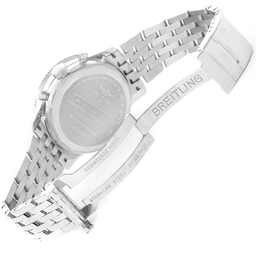 The image shows the back case and open stainless steel bracelet of a Breitling Navitimer A35330 Men's Stainless Steel Black Dial A35330 Men's Stainless Steel Black Dial watch.