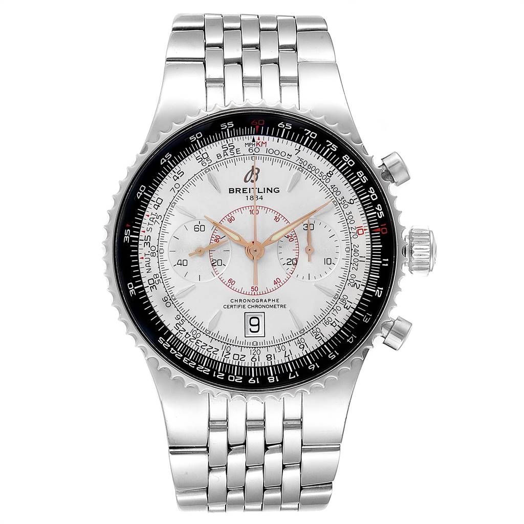 The image shows a frontal view of the Breitling Navitimer A23340 Men's Stainless Steel Silver Dial A23340 Men's Stainless Steel Silver Dial watch, highlighting the dial, bezel, and metal bracelet.